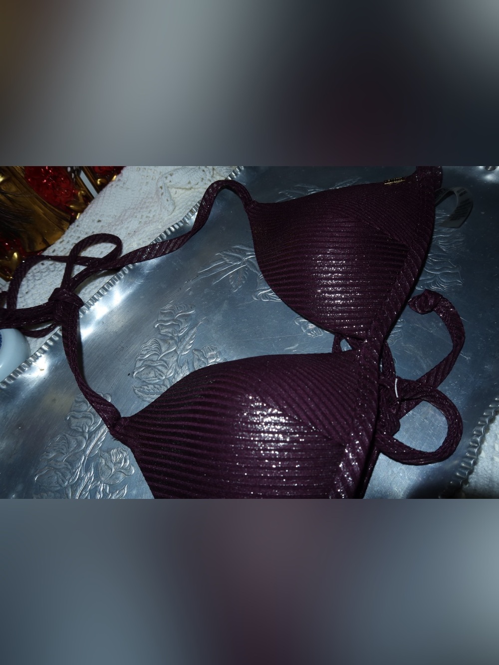 PINK Victoria's Secret Ribbed Plum Triangle Bikini Top